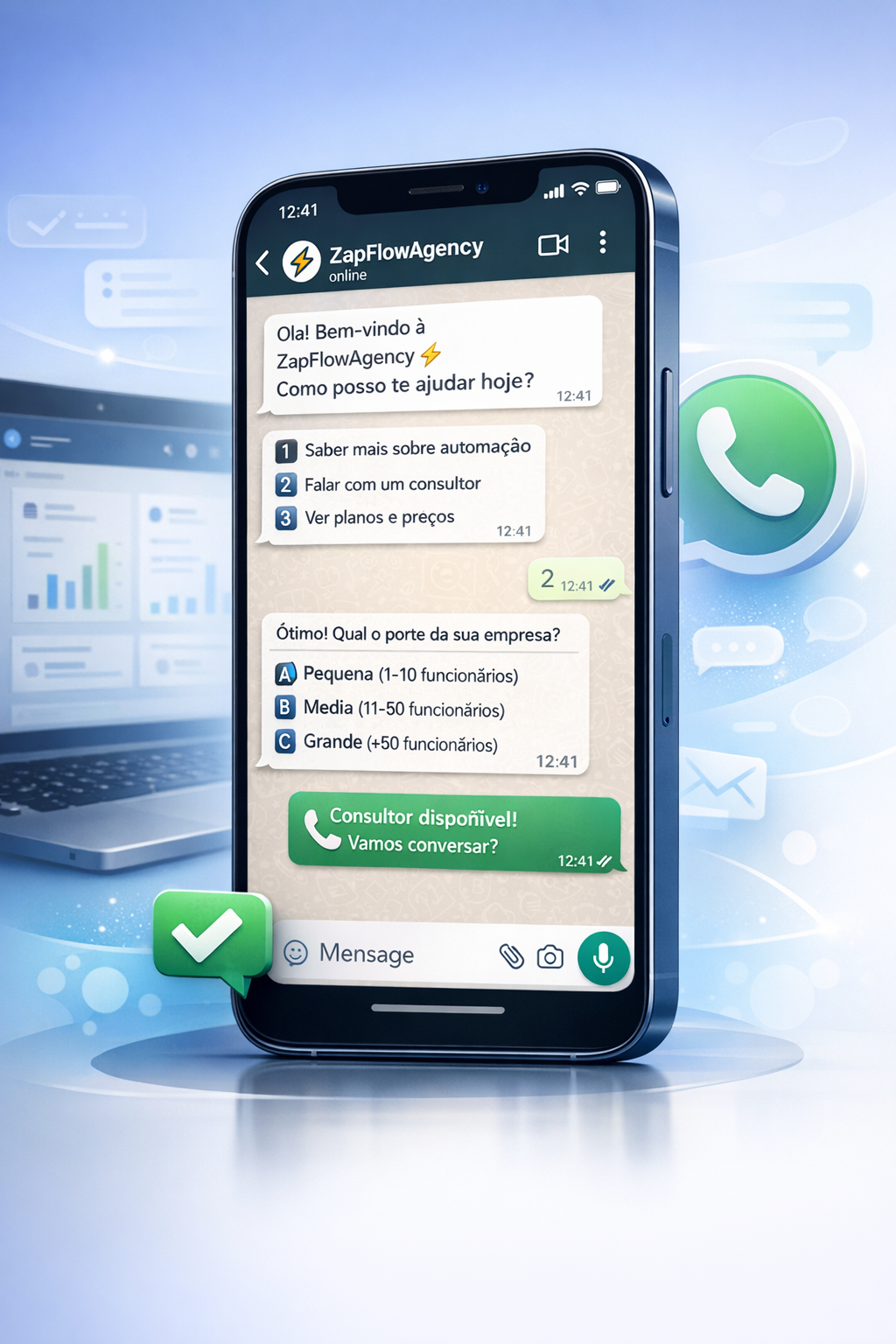 Exemplo de automação no WhatsApp (boas-vindas, menu e qualificação)